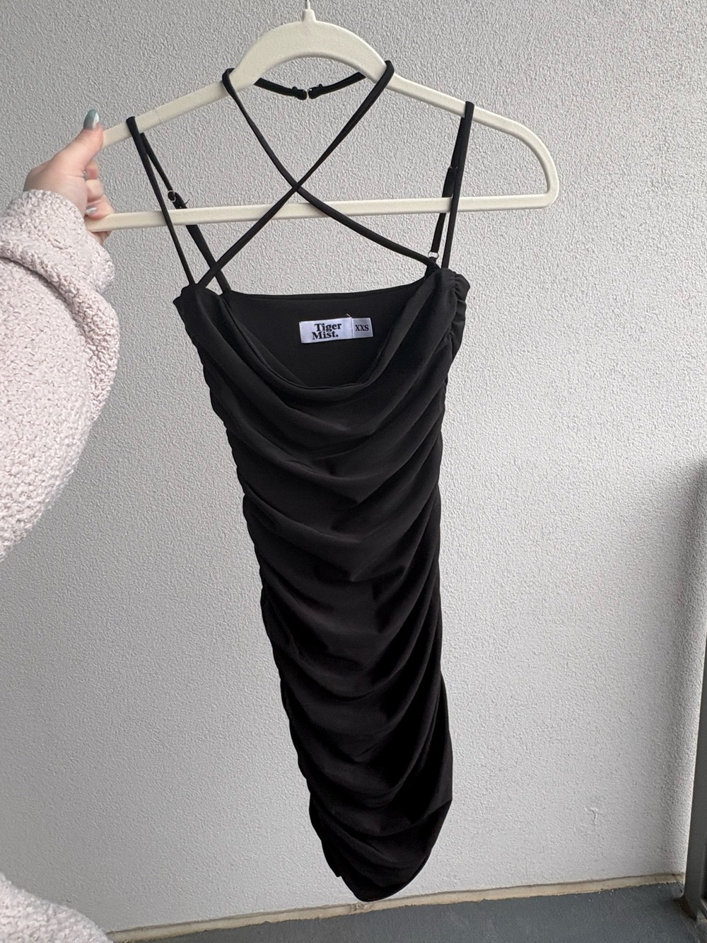 Tiger Mist Black Ruched Cross-Strap Mini Dress